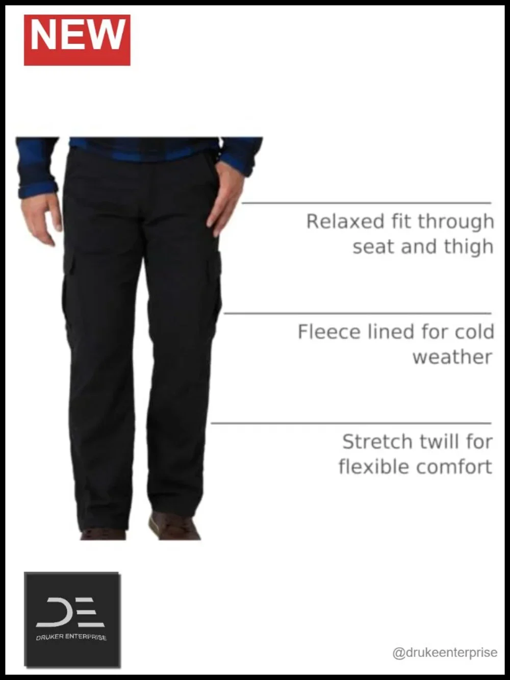 Fleece Lined Cargo Pants Relaxed Fit Stretch Twill 6 Pockets Men's